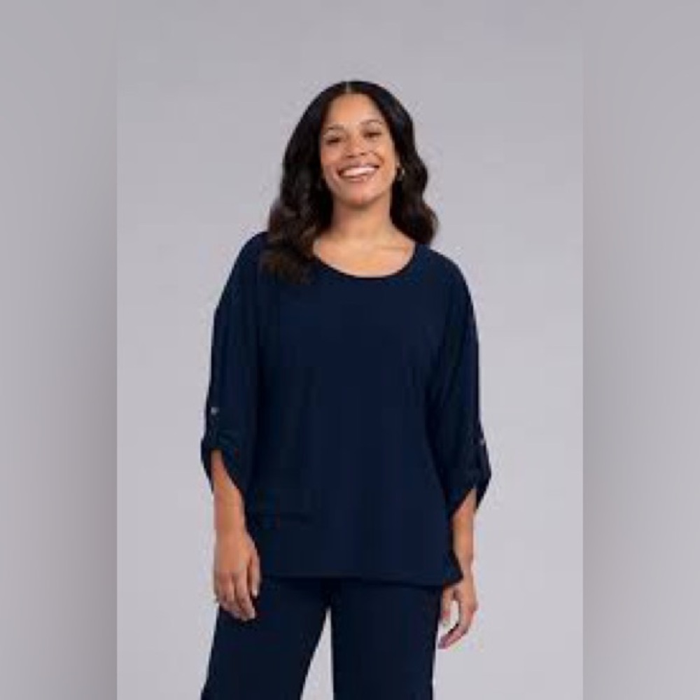 Sympli NWOT Safari Black Top Tunic Roll Up Sleeves Boat Neck Sz 18